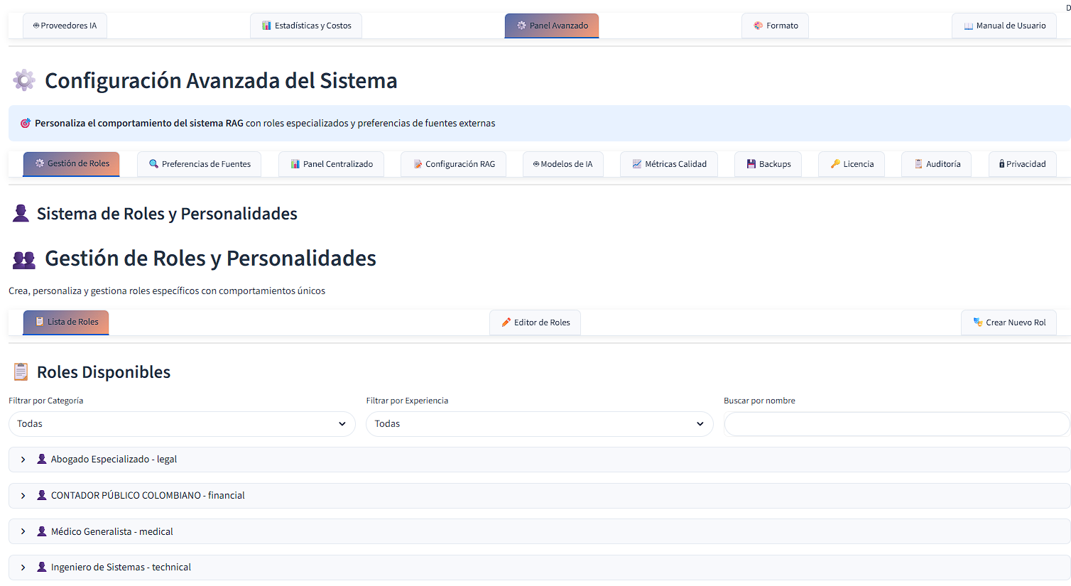 Panel avanzado de configuración de roles con opciones de edición, creación y personalización
